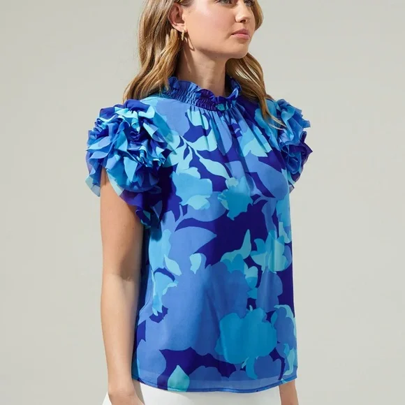Sugarlips Algeria Floral Benna Mock Neck Ruffle Blouse / Top Size Large - Picture 2 of 9